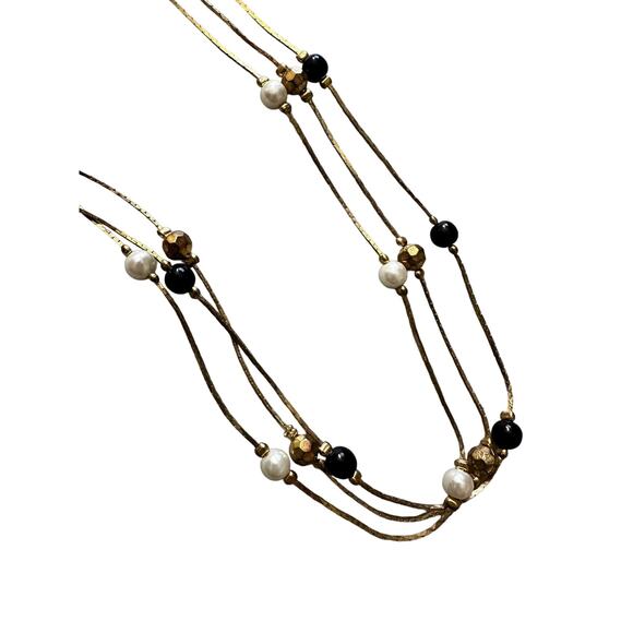 White, Black and Gold Three Strand Necklace - Picture 1 of 7
